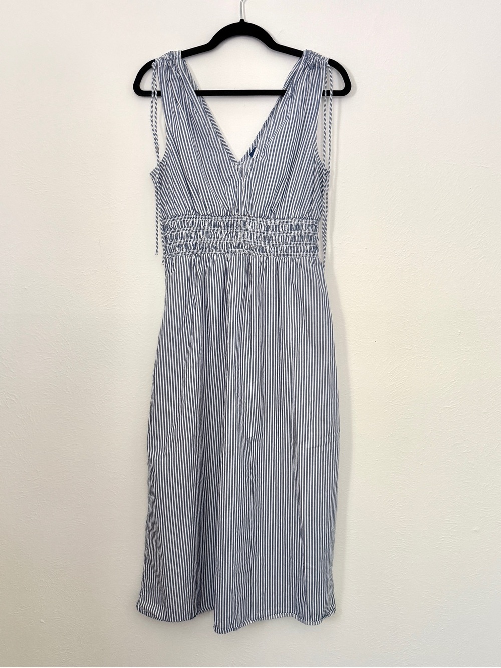 Old Navy Blue and White Striped Midi Sleeveless Cinched Dress 100% Cotton